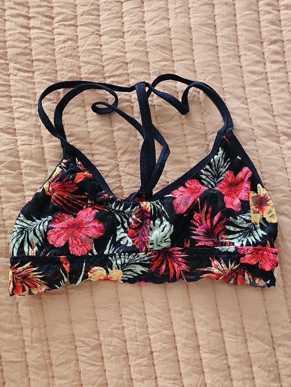 Victoria's Secret PINK Navy Lace Bralette with Pink & Yellow Flowers Aloha Sz XS